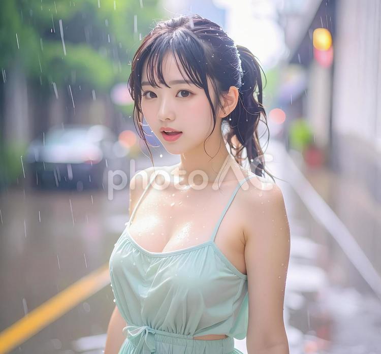 夕立 若い女性 夕立,若い女性,豪雨の写真素材