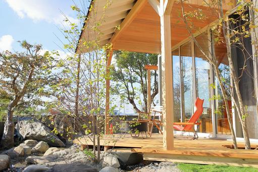 Wood deck and garden, JPG Wood deck and garden, wood deck, chair, roof, JPG