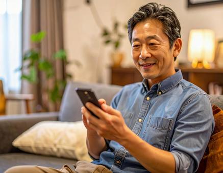 自宅でスマホを操作するシニア男性の写真