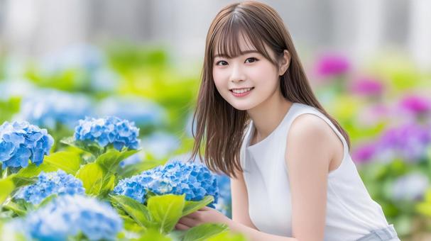 アジサイと女性 アジサイと女性の写真