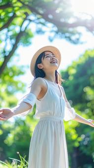 健康的な女性深呼吸 健康的な女性深呼吸の写真