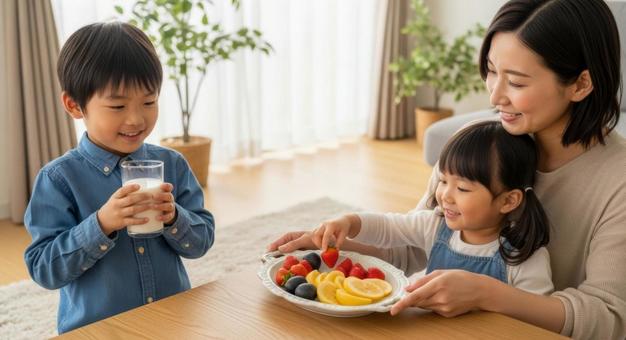 母と子供2人が食卓にいる朝食シーン 母と子供2人が食卓にいる朝食シーンの写真