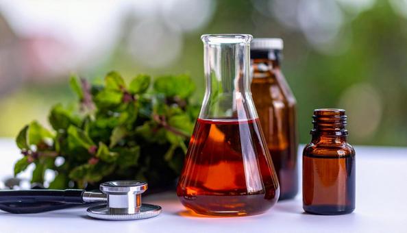 医学イメージ　聴診器と赤と黄色の試薬の写真