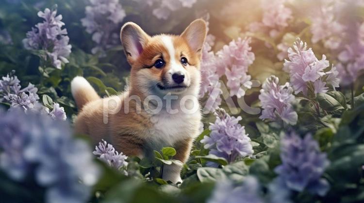 コーギーと紫陽花 紫陽花,コーギー,犬の写真素材