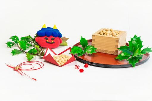 節分デザイン　升・豆・ヒイラギ・鬼 節分,厄払い,豆まきの写真素材