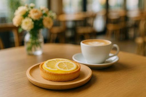 カフェラテとレモンタルトの写真