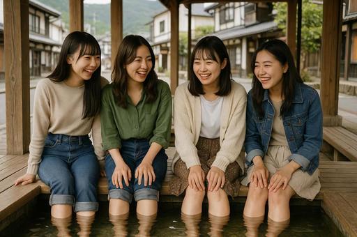 足湯に浸かる女子大生4人グループ 足湯に浸かる女子大生4人グループの写真