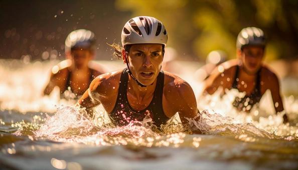 トライアスロン 一斉に水に飛び込む選手 トライアスロン 一斉に水に飛び込む選手の写真