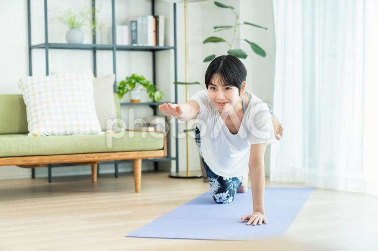 家でヨガをする若い女性 ヨガ,女性,家の写真素材