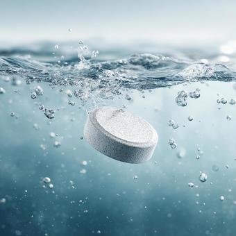 水中に沈み、活発に泡を出す錠剤 水中に沈み、活発に泡を出す錠剤の写真