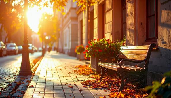 かわいいカフェのベンチ・紅葉の街路樹 かわいいカフェのベンチ・紅葉の街路樹の写真