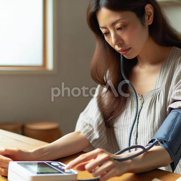 自宅で血圧測定 女性,血圧,健康管理の写真素材