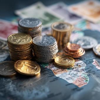 世界地図の上に置かれた世界各国の通貨 世界地図の上に置かれた世界各国の通貨の写真