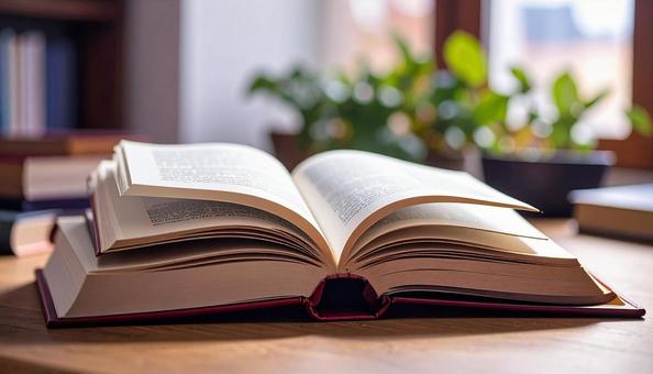 読書イメージ 見開きと積み重なる本 読書イメージ 見開きと積み重なる本の写真