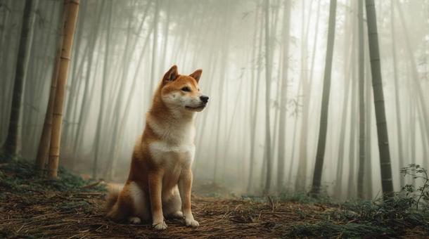 霧の竹林を見つめる柴犬・座る犬・日本犬 霧の竹林を見つめる柴犬・座る犬・日本犬の写真