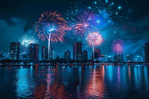 夏の夜を彩る都会の花火大会 夏の夜を彩る都会の花火大会の写真