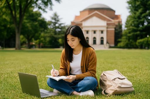 芝生で勉強する大学生 芝生で勉強する大学生の写真