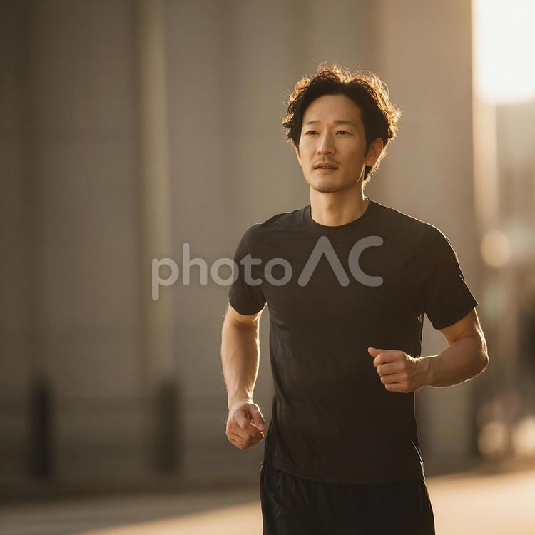 ランニング中の男性の力強くも穏やかな表情 男性,日本人,アジア人の写真素材