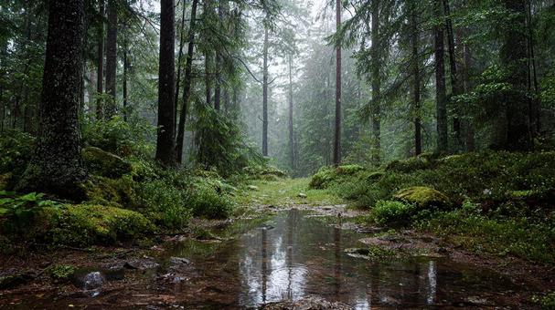 降り続く雨の森林風景 降り続く雨の森林風景の写真