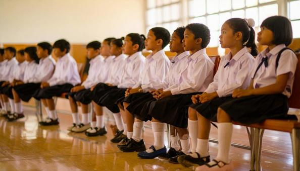 体育館の椅子に着席した日本人の子供たちの写真