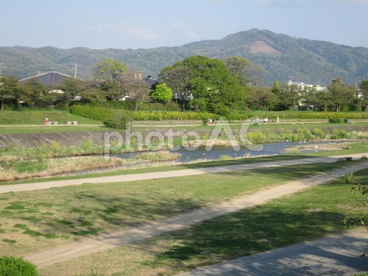 大文字を望む、鴨川の河川敷　その二 鴨川,河川敷,川の写真素材