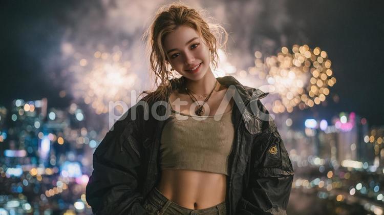 夏の夜空に咲く花火と都会の夜景 夏,女性,日本人の写真素材