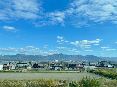 新幹線から眺める滋賀県愛荘町の風景 愛荘町,郊外,地方の写真素材