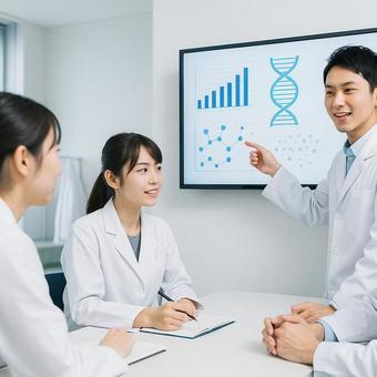 熱心に話をする理系の人たち 熱心に話をする理系の人たちの写真