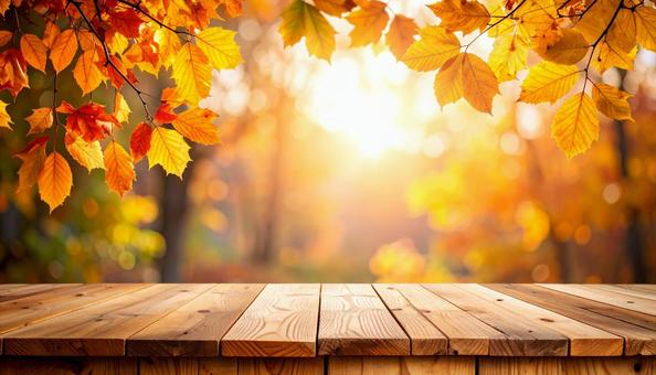 秋の紅葉と木のテーブル素材 秋の紅葉と木のテーブル素材の写真