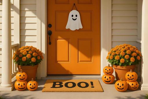 オレンジドアの玄関飾り オレンジドアの玄関飾りの写真