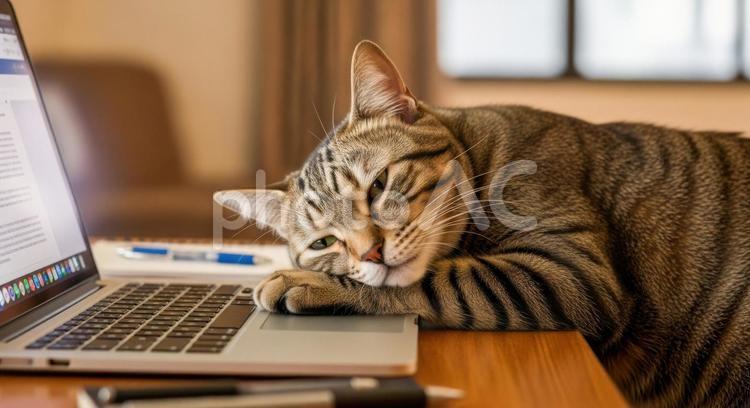 デスクで疲れて休む猫とパソコン 猫,眠い,疲れの写真素材