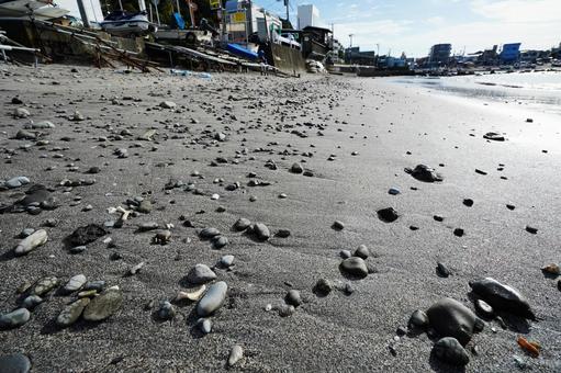 神奈川 真名瀬海岸2  真名瀬海岸,真名瀬漁港,砂浜の写真素材