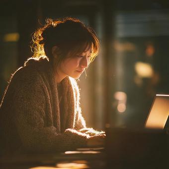 夜遅くまでパソコンと向き合う女性の姿の写真