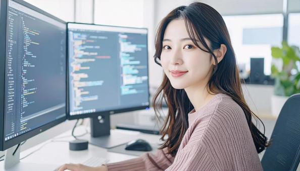 プログラミングをする女性エンジニア プログラミングをする女性エンジニアの写真