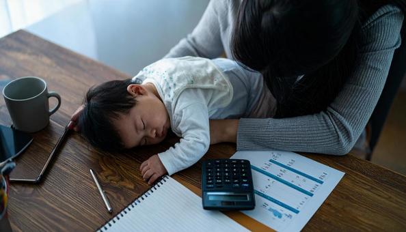 教育費 眠る日本人の赤ちゃんと電卓 教育費 眠る日本人の赤ちゃんと電卓の写真