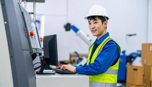 工場の三次元測定機を使う作業服の男性 工場の三次元測定機を使う作業服の男性の写真