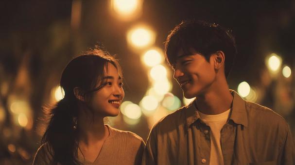 夜の街で見つめ合う恋人たちの写真
