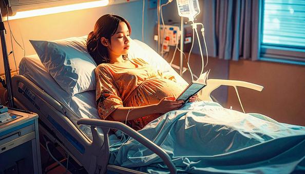 本を読んで安静にして点滴を打つ妊婦の写真