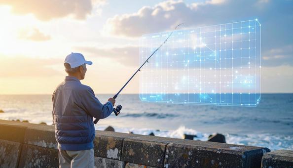 高齢者が釣り場でホログラムの潮の流れみる 高齢者が釣り場でホログラムの潮の流れみるの写真