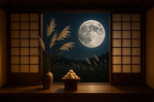 書院造の窓から見える満月とススキ 書院造の窓から見える満月とススキの写真