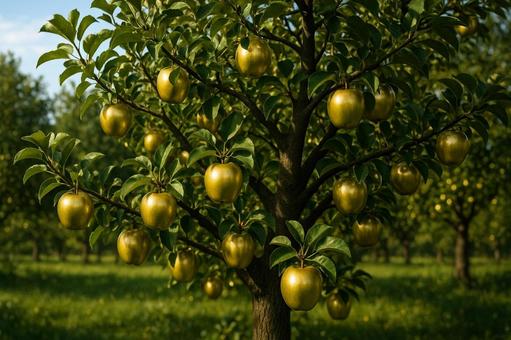 黄金のリンゴが実る神秘的なリンゴの木の写真