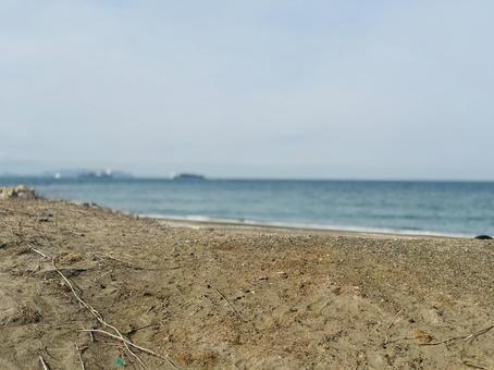 砂浜と水平線1 砂浜と水平線1 流木,砂浜,浜の写真素材