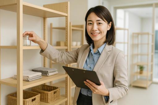 新店舗準備中の女性店長 新店舗準備中の女性店長の写真
