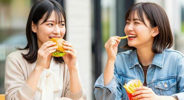 笑顔の女性二人がバーガーとポテトを食べるの写真