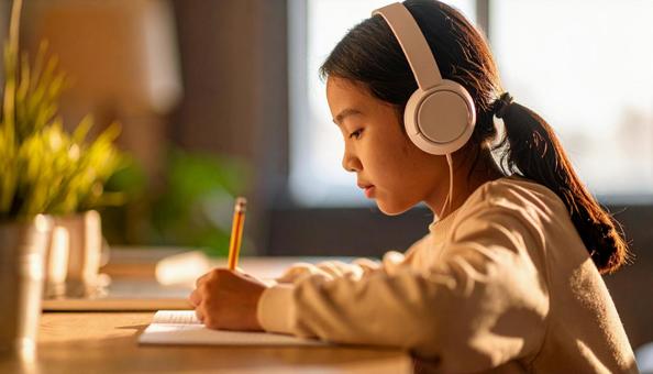 お気に入りの音楽を聴きながら勉強する女性 お気に入りの音楽を聴きながら勉強する女性の写真