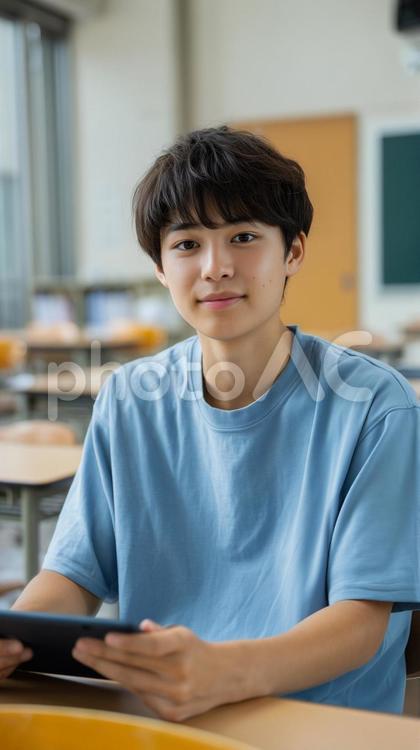 教室でタブレット学習に取り組む男子学生 男子,学生,タブレットの写真素材