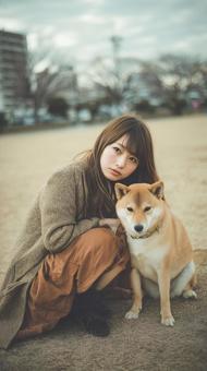 柴犬と女性 柴犬と女性の写真
