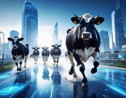 丑年フォト・未来都市を駆けるホルスタインの写真