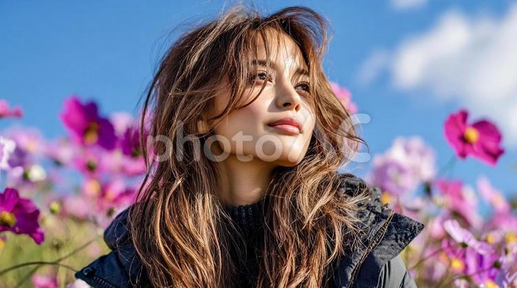 コスモス畑で微笑む女性の秋ポートレート 女性,コスモス,花の写真素材