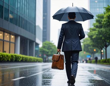 雨の日にオフィス街を歩くビジネスパーソン 雨の日にオフィス街を歩くビジネスパーソンの写真